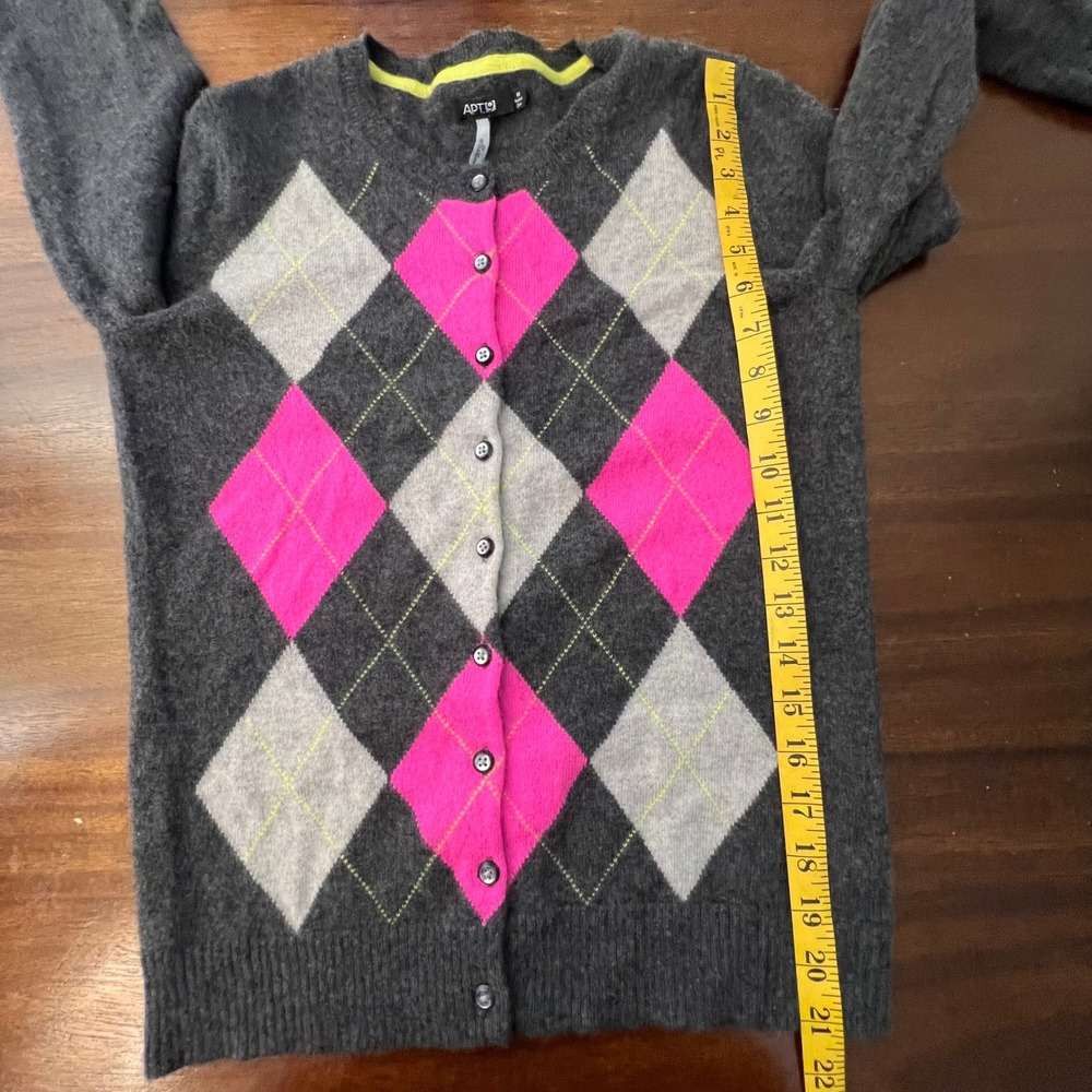 100% Cashmere Argyle Cardigan Medium Grey Pink Preppy Academia Teacher Layers - Picture 7 of 10